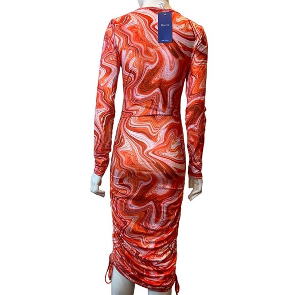 NWT Floerns Womens Marble Print Drawstring Side Bodycon Dress Orange White SZ M - Picture 5 of 13